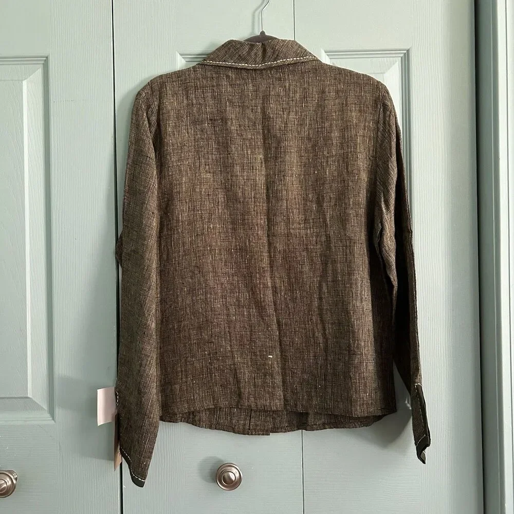 Karavan Womens Olive Green Woven Linen Blazer Blouse‎ Medium Button Front - Picture 7 of 9